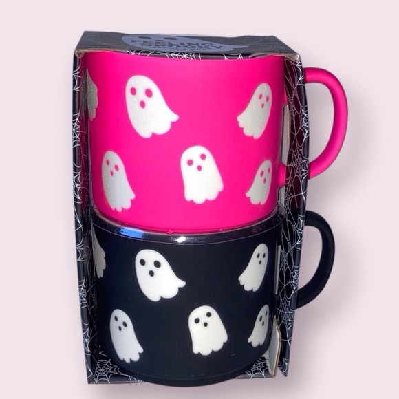 Halloween Ghostly Pink & Black Mug Set (2) Sunday Morning - Picture 1 of 2